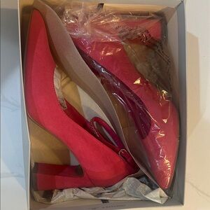 Marc Fisher Bright Pink Suede Block Heel Ankle Strap Pumps